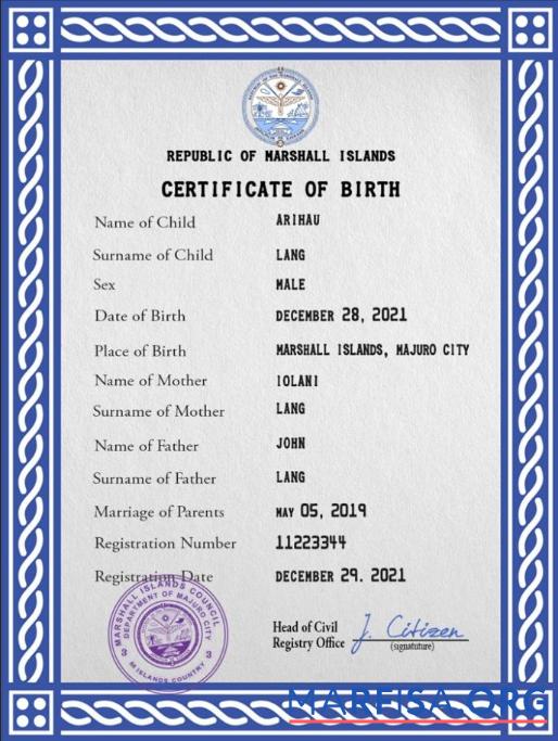 Downloadable Marshall Islands vital record birth certificate PSD template